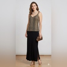 Alex Evenings Black Bronze Metallic Bodice Maxi Dress Sleeveless V-Neck Gown 12
