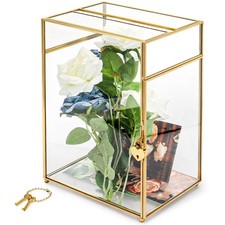 Glass Card Box with Slot  Lock, Gold Clear Wedding Card Holder, Decorative G...