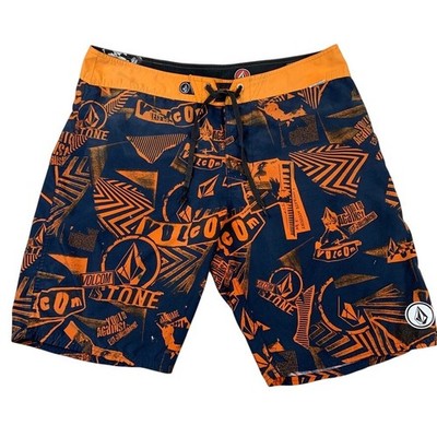Volcom Stone Board Shorts Mens 38 Navy Orange Graphic Surf Swim Trunks Loud Y2K