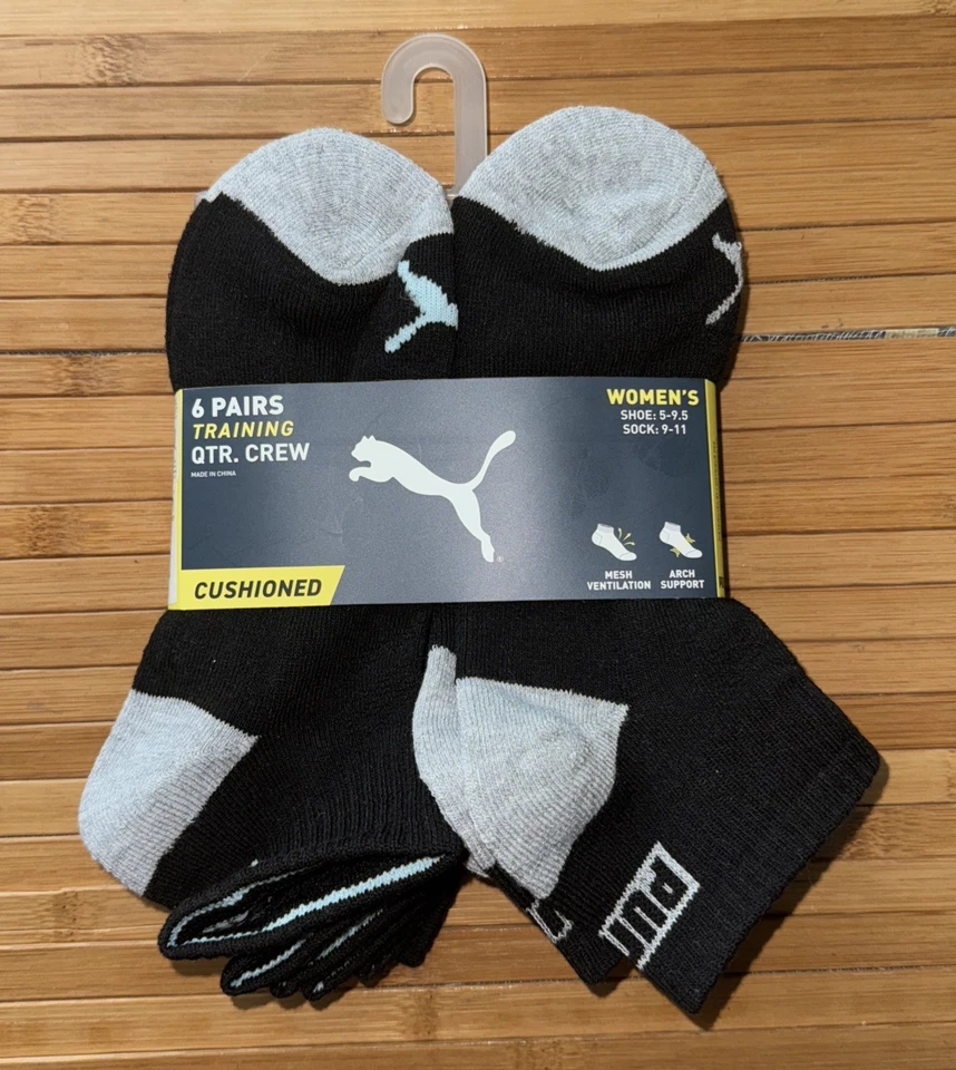 Nova meia de treinamento Puma Quarter Crew cinza/preto tamanho 5-9.5 9-11 feminina - Imagem 2 de 3