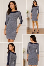 Tory Burch Silk Sheath Dress Blue Printed Bateau Neck 3/4 Sleeve XS