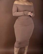 Plus Size Mocha Brown Off Shoulder Bodycon Curvy Midi Dress Long Sleeve Stretch