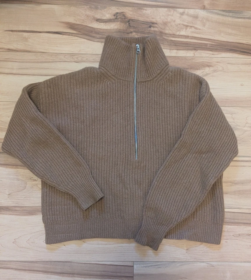 Suéter EVERLANE Talla GRANDE El Gran Tamaño Fieltro Merino Media Cremallera Camel Profundo Foto 3 de 4