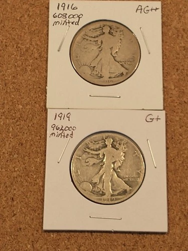 1916 AG++ and 1919 G+ Low Mintage Liberty Walking Half Dollars