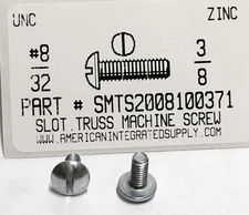 #8-32x3/8 Truss Head Slotted Machine Screws Steel Zinc Plated (50)