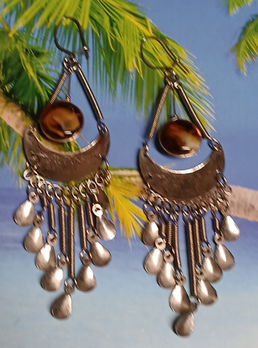 Silver Tone Dangling Chandelier Earrings with Round Glass Carnelian Swirl Color - Picture 9 of 11