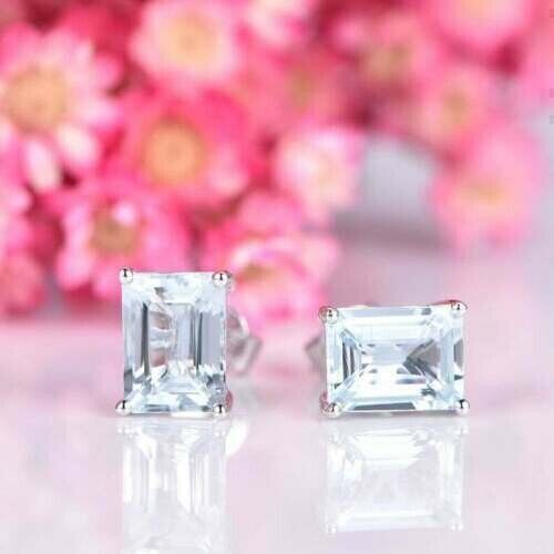 4Ct Emerald Cut lab Created Aquamarine Women Stud Earrings 14K White Gold Finish - Picture 1 of 5
