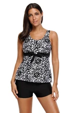Women Black and White Damask Floral Print Tank Swimsuit 2 PC Shorts Tankini Set
