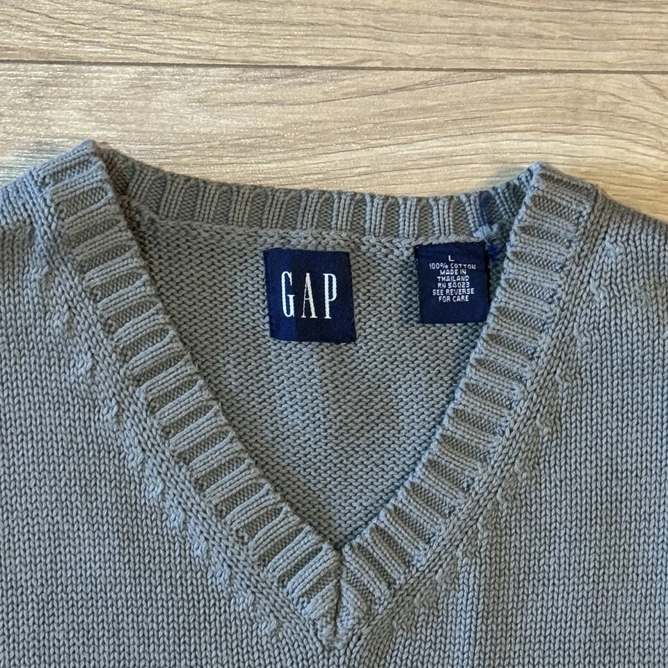 Gap Vest Mens Large Green Knit Preppy V-Neck Layering Sweater Herringbone  - Image 2 of 4