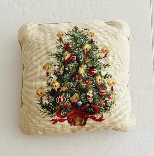 Vintage Wool Needlepoint Christmas Tree Throw Pillow Velvet Back Decorative