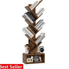 6 Tier Tree Bookshelf, Tall Bookcase, Wood Book Storage Rack with Drawer, Mod...