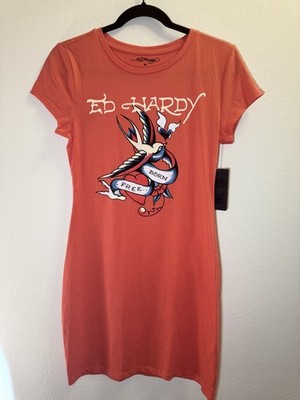 Ed Hardy Born Free Short Sleeve T-Shirt Dress, Apricot, Size Medium, NEW W/TAGS