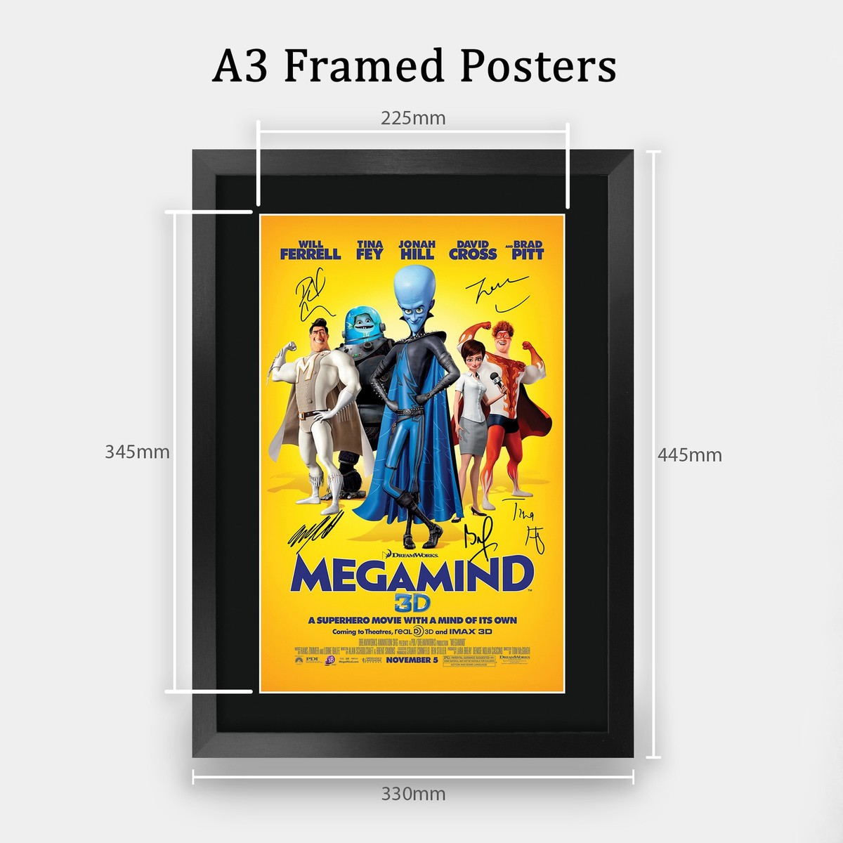Megamind Movie Film Poster Cast Signed Printed Autograph A3 Framed
