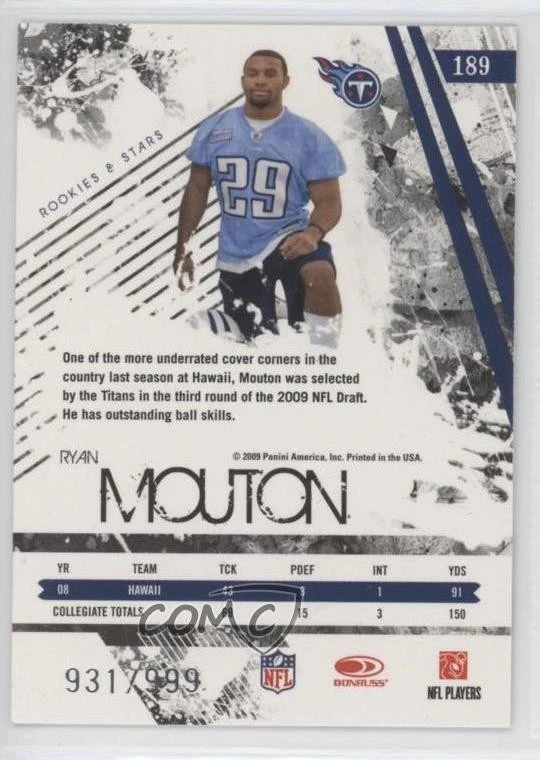2009 Donruss Rookies & Stars Longevity Rookie /999 Ryan Mouton #189 RC - Image 2 of 2