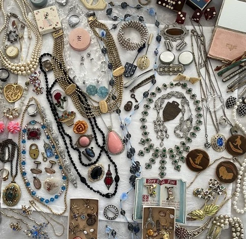 Vtg Art Deco Rhinestone Jewelry Junk Drawer Lot Celluloid Locks Keys Dice More