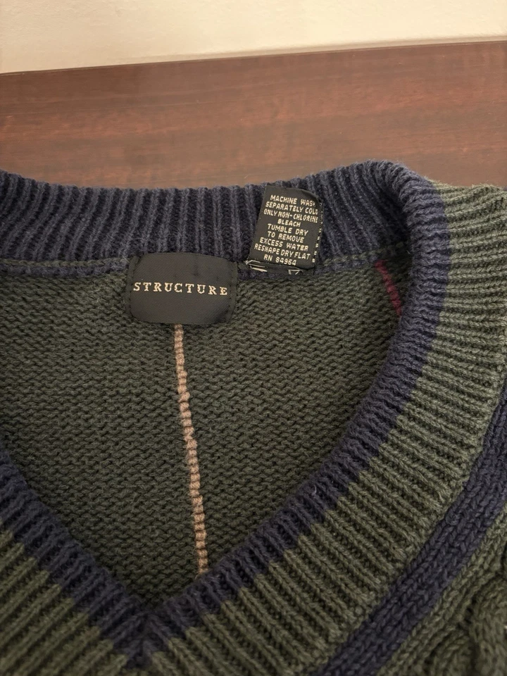 Vintage Y2K Men's Structure Sweater Striped V-Neck Olive Green XL - Image 4 of 4
