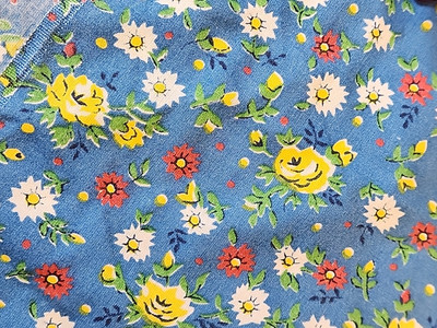 Vtg 70's Sears Perma Prest Calico Floral Blue 4 Curtains & 2 Pillow Shams Set