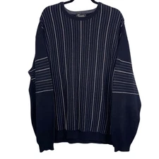 Vintage Tosani Canada Mens Black Striped Crew Neck Cotton Sweater 3D XXL Granpa