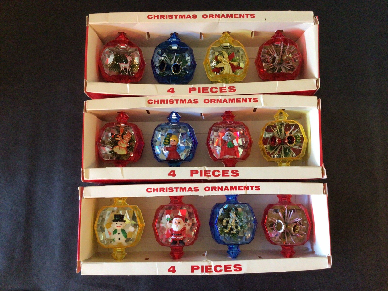 12 VTG JEWELBRITE by DECOR 3D DIORAMA DEER ANGEL SANTA DURABLE XMAS ORNAMENT BOX 100% nowy, wyprzedaż