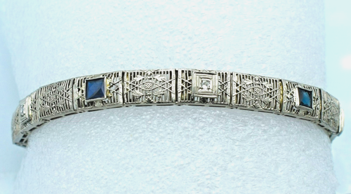 Art Deco 13k White Gold Diamond Sapphire Designer Bracelet 11.1Gram Scrap r Wear