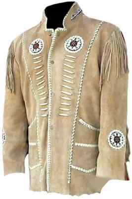 Men Western Cowboy Suede Fringe Jacket Beaded Native American Leather Jacket