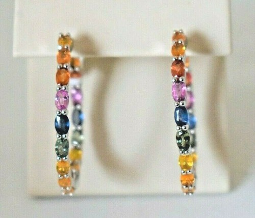 .925 Solid Silver 39MM Multi-Color 5.29Ct Marquis Gemstone Hinged Hoop Earrings 