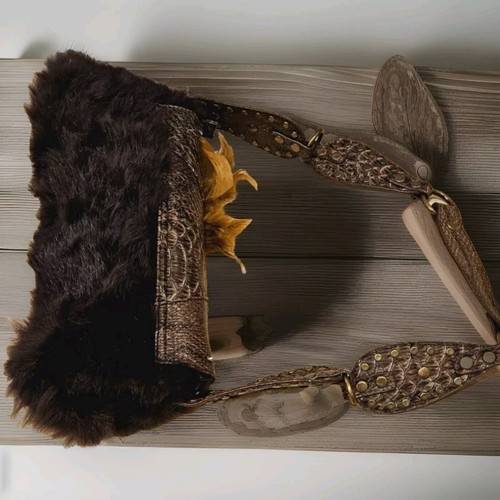 Vintage Unique Autumn Faux Fur And Feathers Beaded Clutch Style Shoulder Bag - Picture 6 of 7