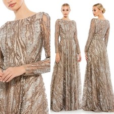 NWT Mac Duggal 79261 Sequined Long Sleeve Bateau A-Line Gown in Mocha Size 8