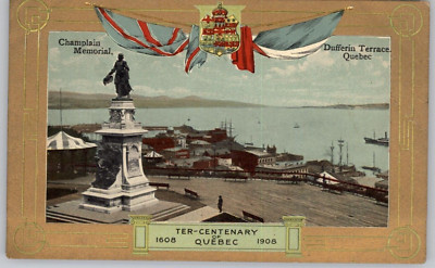 Champlain Memorial Dufferin Terrace Quebec City 1608-1908 Gold Border Postcard
