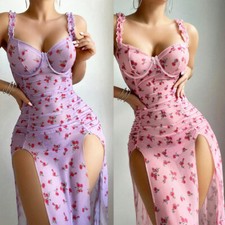 Sexy Womens Sleeveless Mesh Floral Dress Long Maxi Bodycon High Split Summer