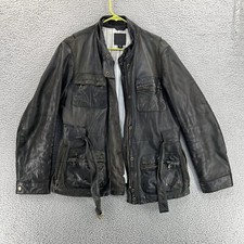 GAP Genuine Leather Jacket Men's Medium Solid Black Belted Motorcycle - READ