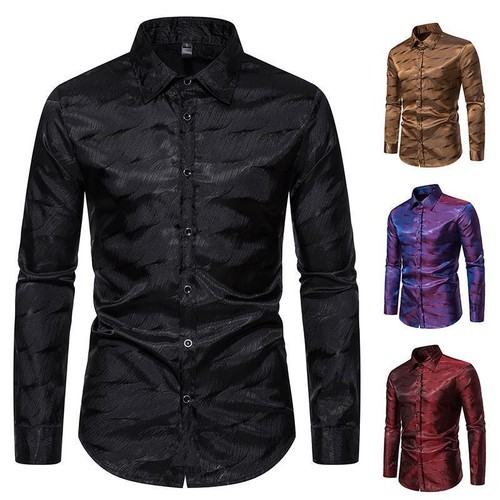 Men Shiny Shirt Button Blouse Satin Dance Show Shirt Party Stage Costume Shirt - Picture 7 of 14