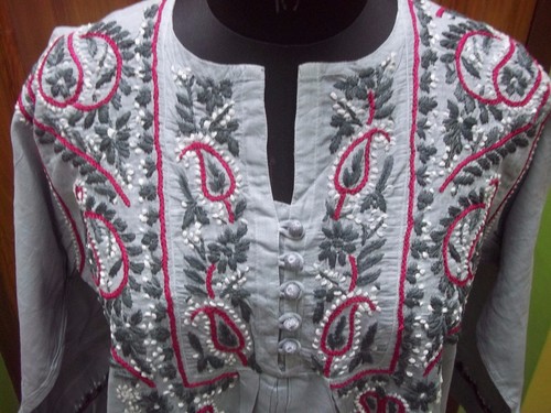 100% COTTON ETHNIC S 39" M 40" TOP HANDMADE CHIKAN EMBROIDERY TUNIC KURTA KURTI - Picture 7 of 9