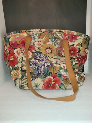 Vintage Granny Core Sander Floral Tapestry Tote Bag/Purse Brown Leather Handles 