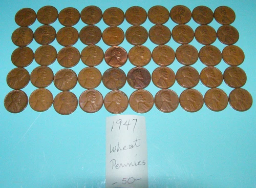 1947- LOT OF 50 LINCOLN WHEAT PENNIES- PHILADELPHIA MINT- GOOD PATINA - UNGRADED