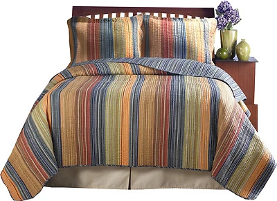 BEAUTIFUL MODERN STRIPE BROWN GREEN ORANGE RED CABIN YELLOW BLUE SOFT QUILT SET