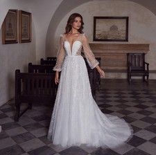 Sparkly Deep V-Neck Wedding Dresses Lace Sequin Backless A-Line Bridal Gowns