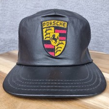 Vintage Porsche Cap Hat Black Leather Embroidered Classic Shield Logo Made USA