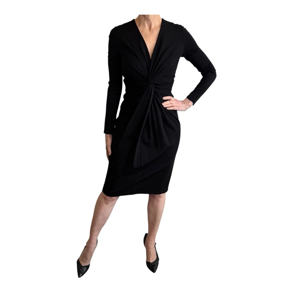 Vestido midi de diseñador Raoul talla 6 Aus (2 EE. UU.) jersey negro manga larga frente torcido Foto 2 de 4