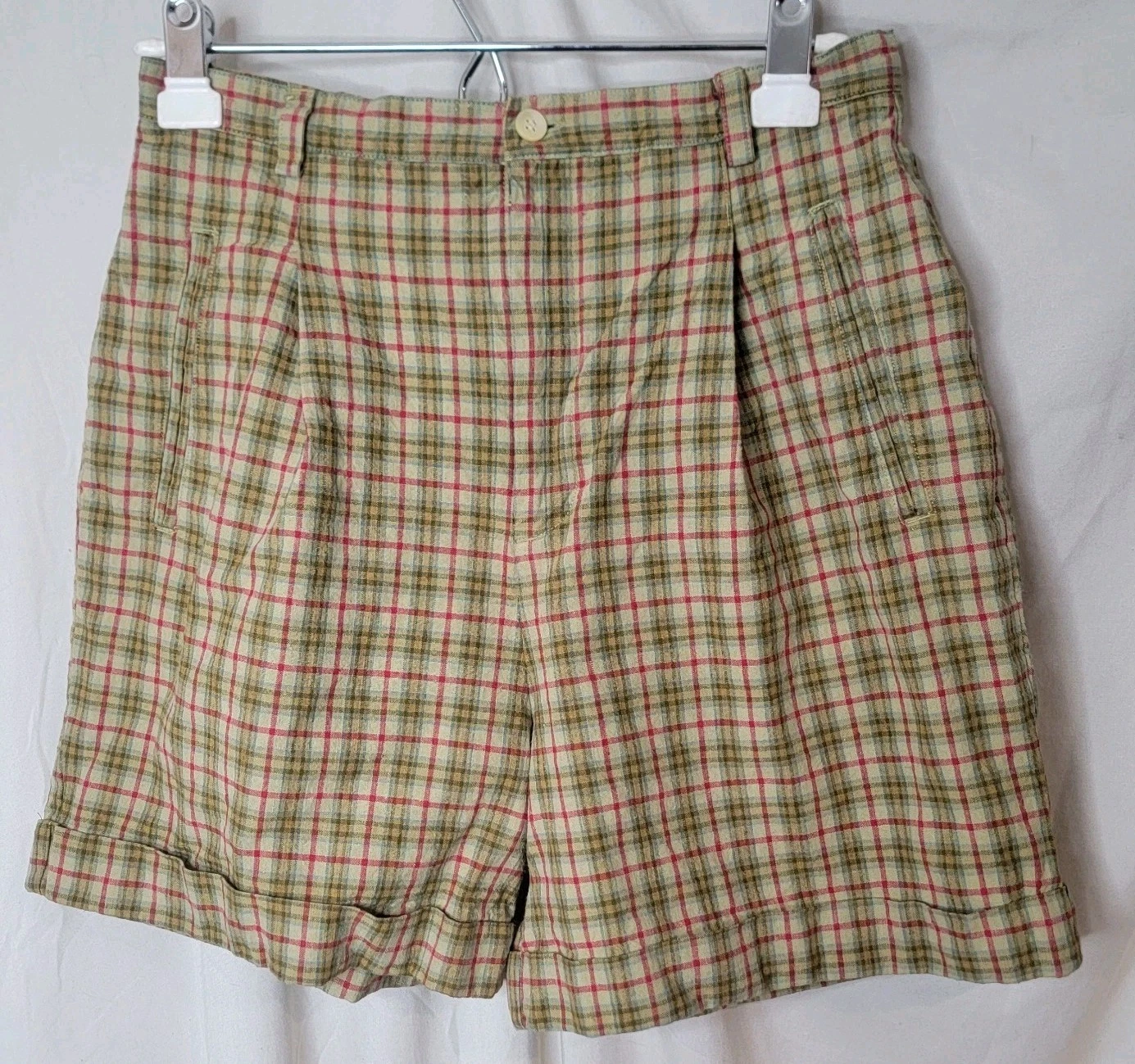 VTG Gap Womens Size 10 Linen Plaid High Waist Pleated Walking Shorts Cuffed