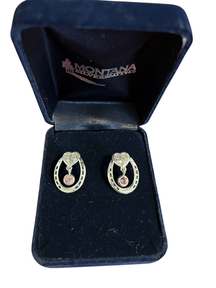 Brincos de coração Montana Silversmiths Lucky ferradura com pendentes de strass rosa - Imagem 3 de 4