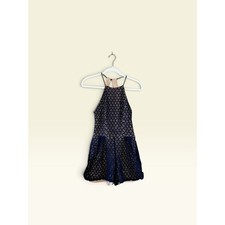 City Triangles Navy Blue Lace Halter Romper Open Back Nude Lined