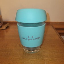 Barbella Box "I Love You A Latte" Glass Reusable 12oz. Coffee Cup, New in Box