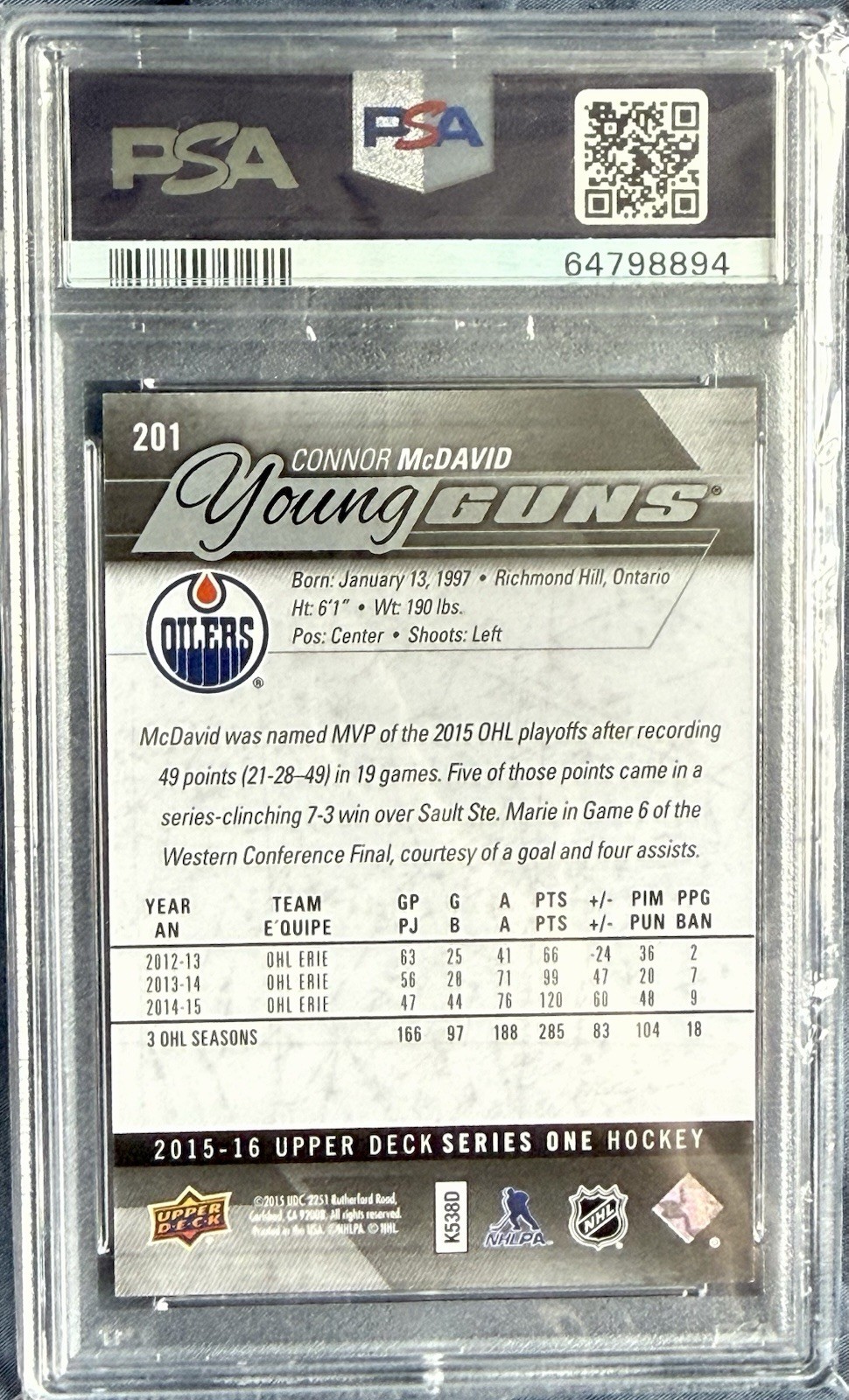 Upper Deck 2015-16 Connor McDavid RC Young Guns #201 PSA 9 🔥 RARE 🔥 LOW POP 🔥 view 2