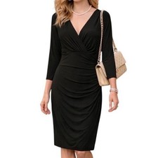 Lauren Ralph Lauren Black Ruched Jersey Sheath Dress V-Neck 3/4 Sleeve Sz 14W