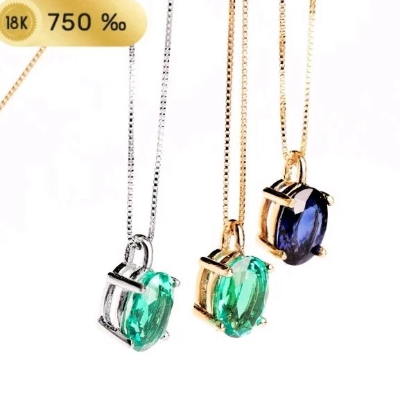 Collar Oro 18k 750 mls. Esmeralda Recristalizada 7x5 MM. 0,79 Q. Cadena 45 Cm.  - Imagen 3 de 4