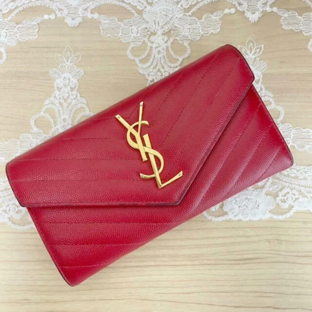 Auth Saint Laurent BiFold Purse 2309 Monogram Long Wallet YSL Red