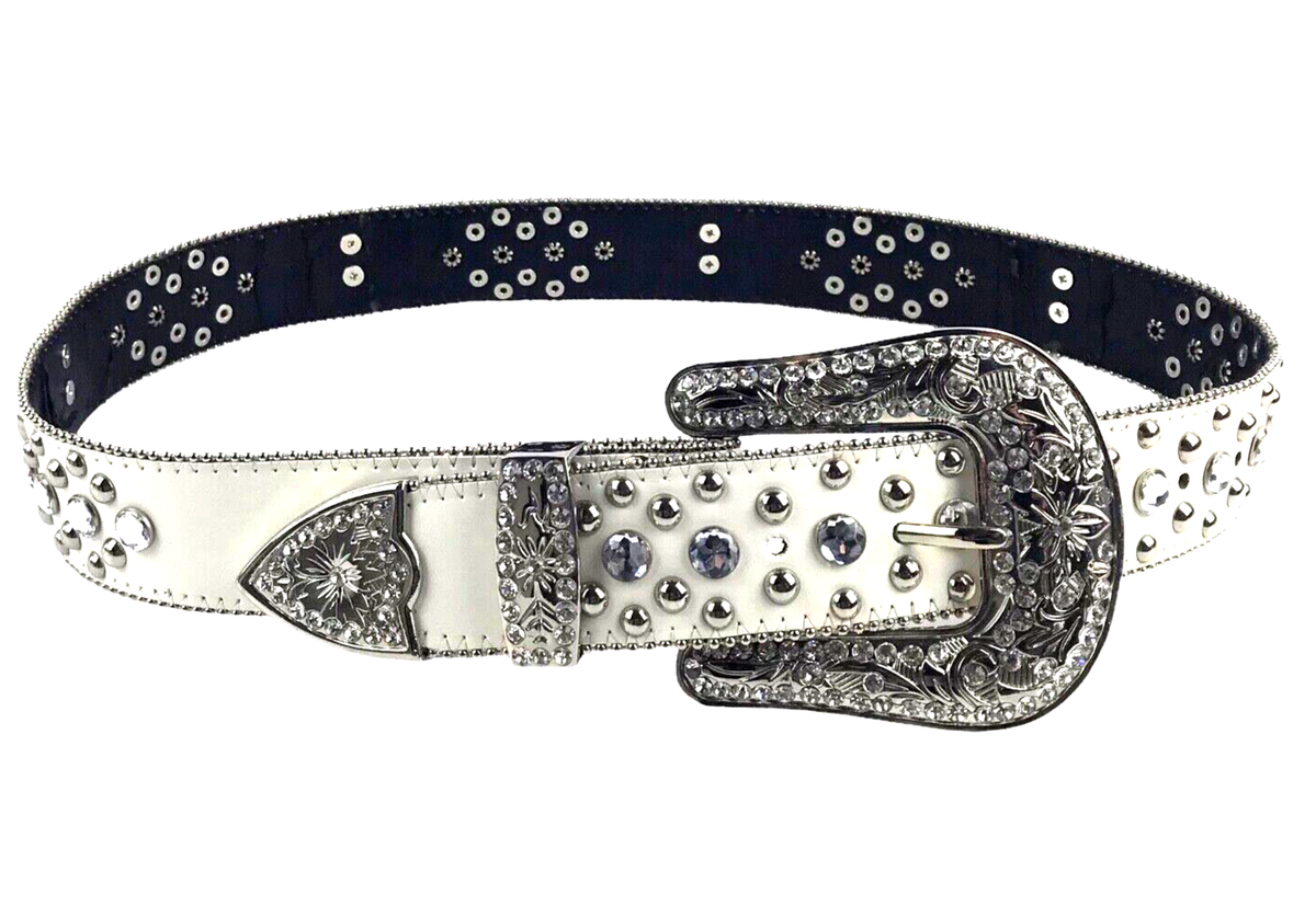 Cowgirl Western Leather WHITE Belt Womens M Rhinestones Crystal