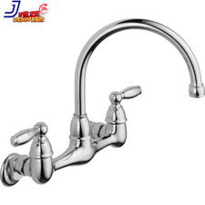 2-Handle Wall Mount Kitchen Faucet Chrome High Arc Rotating Spout Ergonomic