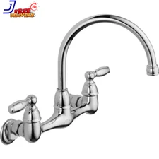 2-Handle Wall Mount Kitchen Faucet Chrome High Arc Rotating Spout Ergonomic